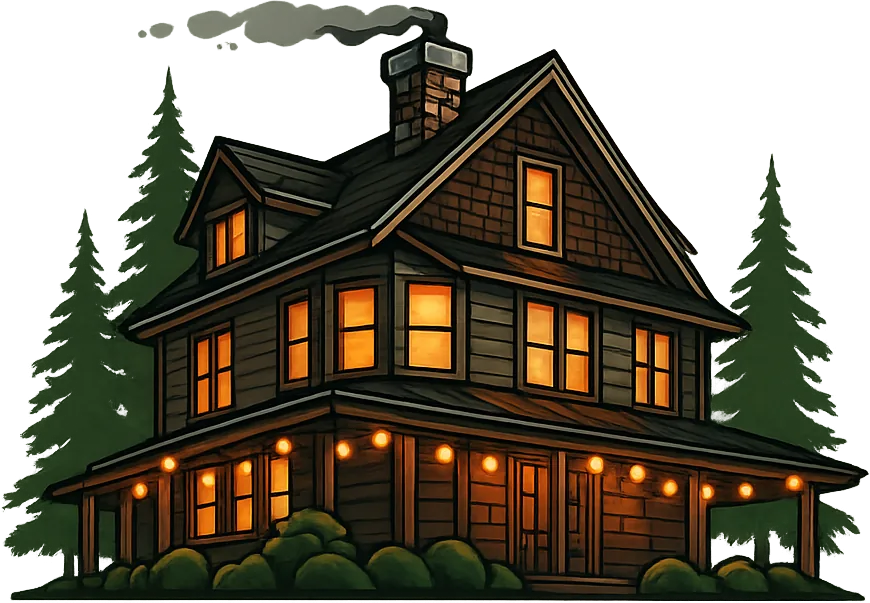 Illustration of a lit two-story craftsman house among pine trees